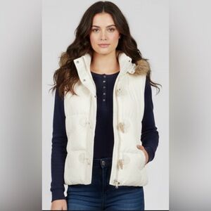 Lauren Ralph Lauren Cream Down Puffer Vest with Faux Fur Trim Size Large